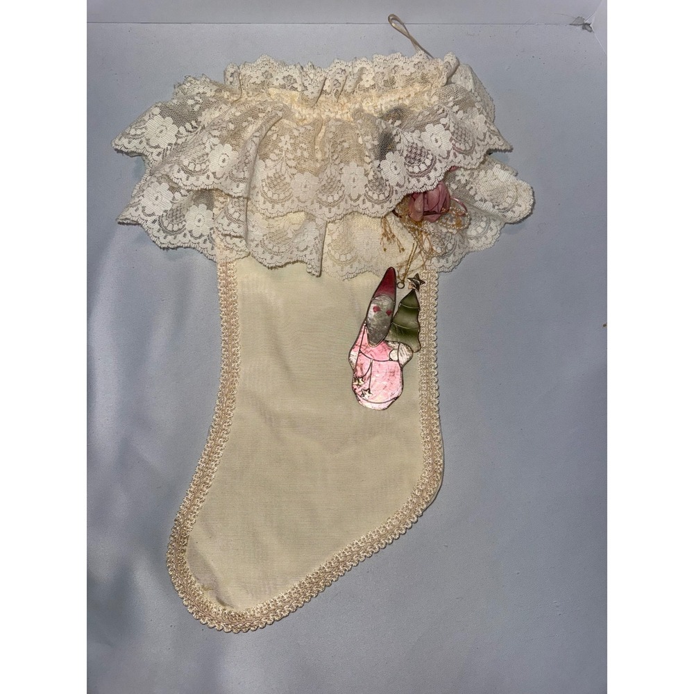 Vintage Cream Satin Lace Ruffle Christmas Stocking Stained‎ Glass Santa Ornament